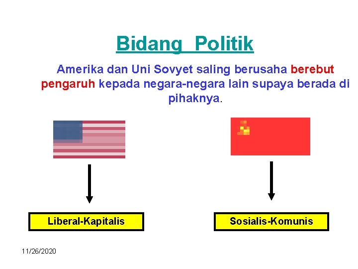 Bidang Politik Amerika dan Uni Sovyet saling berusaha berebut pengaruh kepada negara-negara lain supaya