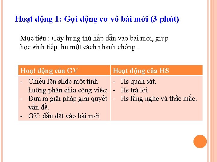 Hoạt động 1: Gợi động cơ vô bài mới (3 phút) Mục tiêu :