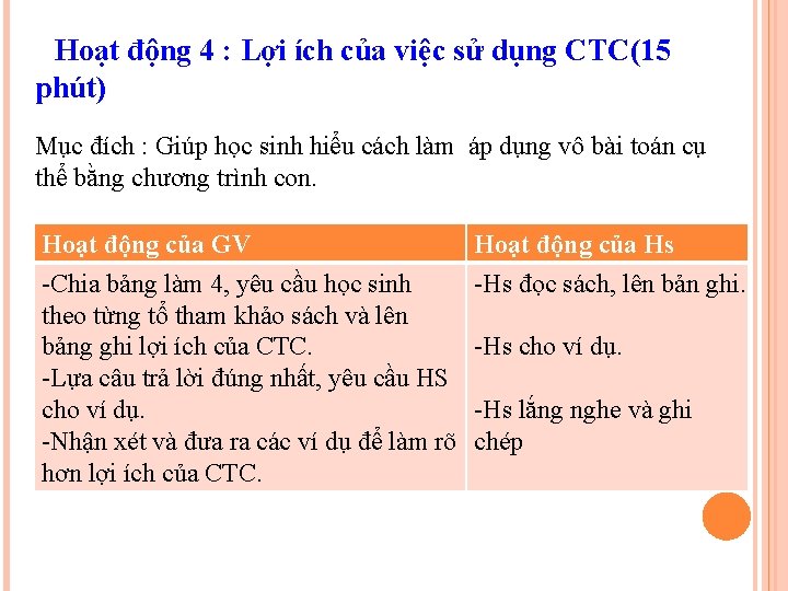 Hoạt động 4 : Lợi ích của việc sử dụng CTC(15 phút) Mục đích