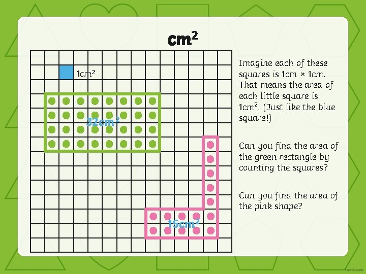 cm 2 Imagine each of these squares is 1 cm × 1 cm. That