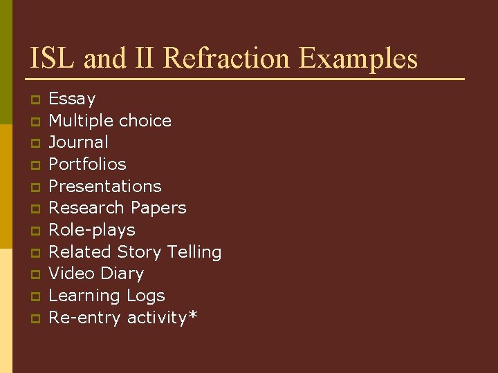 ISL and II Refraction Examples p p p Essay Multiple choice Journal Portfolios Presentations