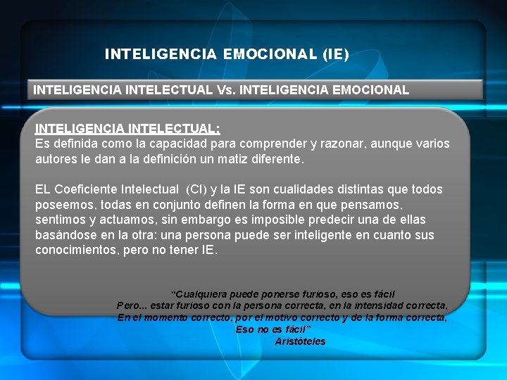 INTELIGENCIA EMOCIONAL (IE) INTELIGENCIA INTELECTUAL Vs. INTELIGENCIA EMOCIONAL INTELIGENCIA INTELECTUAL: Es definida como la