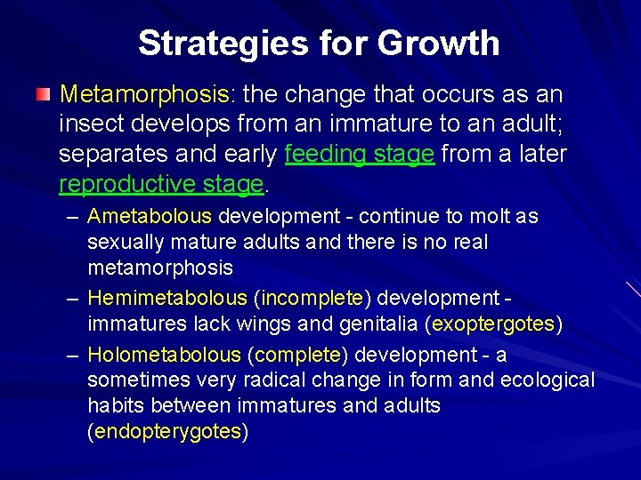 Strategies for Growth Metamorphosis: the change that occurs as an insect develops from an Strategies for Growth Metamorphosis: the change that occurs as an insect develops from an