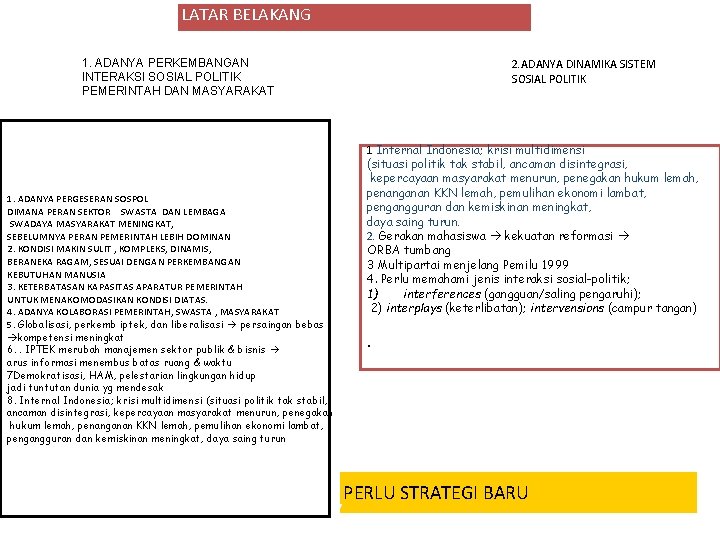 LATAR BELAKANG 1. ADANYA PERKEMBANGAN INTERAKSI SOSIAL POLITIK PEMERINTAH DAN MASYARAKAT 1. ADANYA PERGESERAN