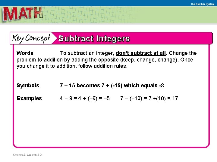 The Number System Subtract Integers Words To subtract an integer, don’t subtract at all.