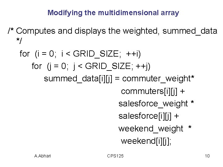 Modifying the multidimensional array /* Computes and displays the weighted, summed_data */ for (i