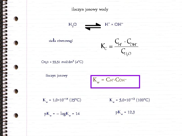iloczyn jonowy wody H 2 O H+ + OH– stała równowagi CH 2 O