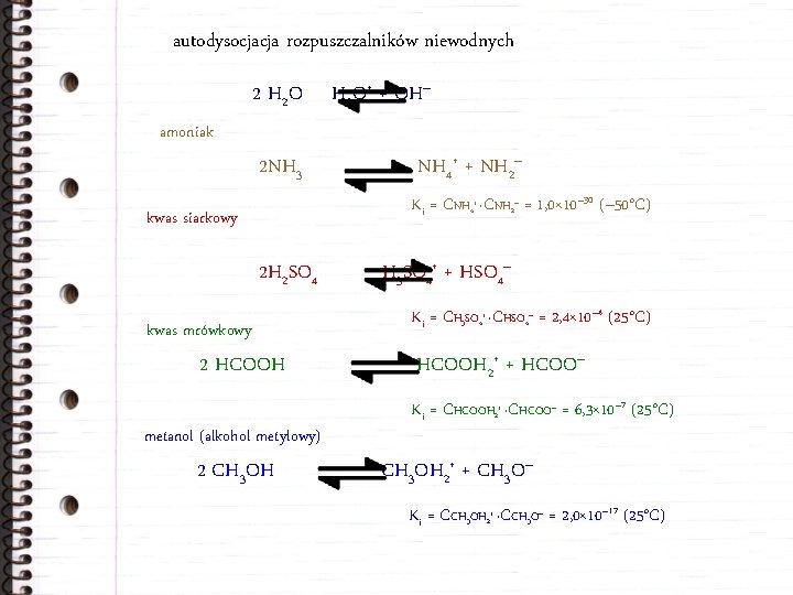autodysocjacja rozpuszczalników niewodnych 2 H 2 O H 3 O+ + OH– amoniak 2