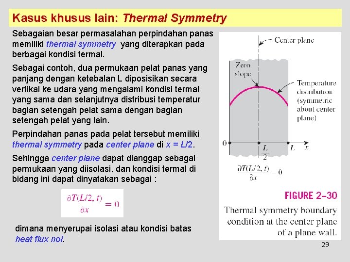 Kasus khusus lain: Thermal Symmetry Sebagaian besar permasalahan perpindahan panas memiliki thermal symmetry yang