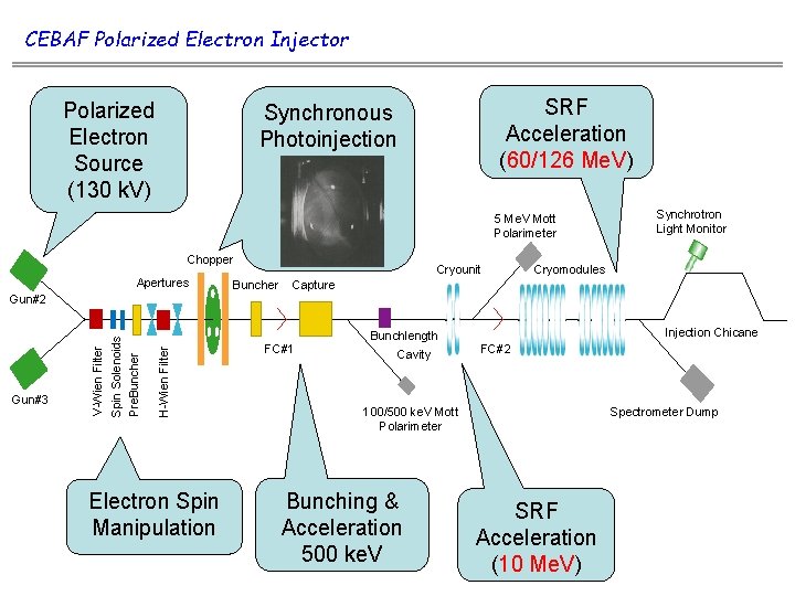 CEBAF Polarized Electron Injector Polarized Electron Source (130 k. V) SRF Acceleration (60/126 Me.