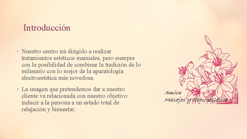 Introducción • Nuestro centro irá dirigido a realizar tratamientos estéticos manuales, pero siempre con Introducción • Nuestro centro irá dirigido a realizar tratamientos estéticos manuales, pero siempre con
