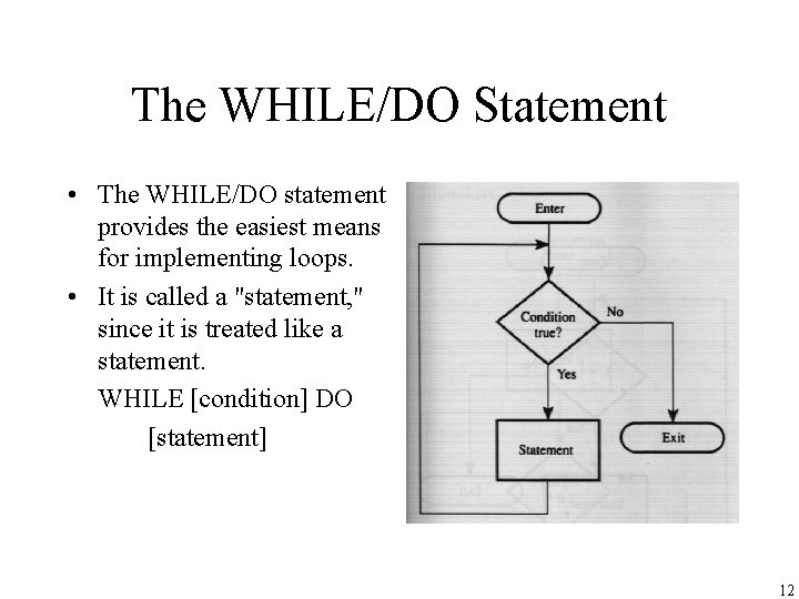 The WHILE/DO Statement • The WHILE/DO statement provides the easiest means for implementing loops.