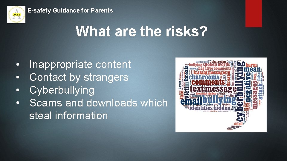 E-safety Guidance for Parents What are the risks? • • Inappropriate content Contact by