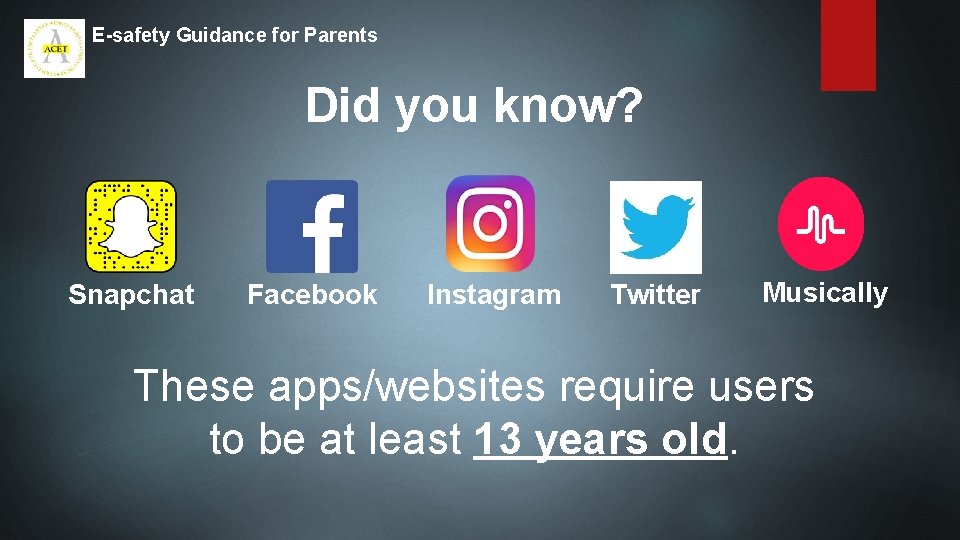 E-safety Guidance for Parents Did you know? Snapchat Facebook Instagram Twitter Musically These apps/websites