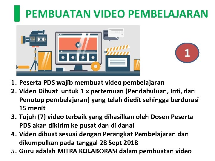PEMBUATAN VIDEO PEMBELAJARAN 1 1. Peserta PDS wajib membuat video pembelajaran 2. Video Dibuat