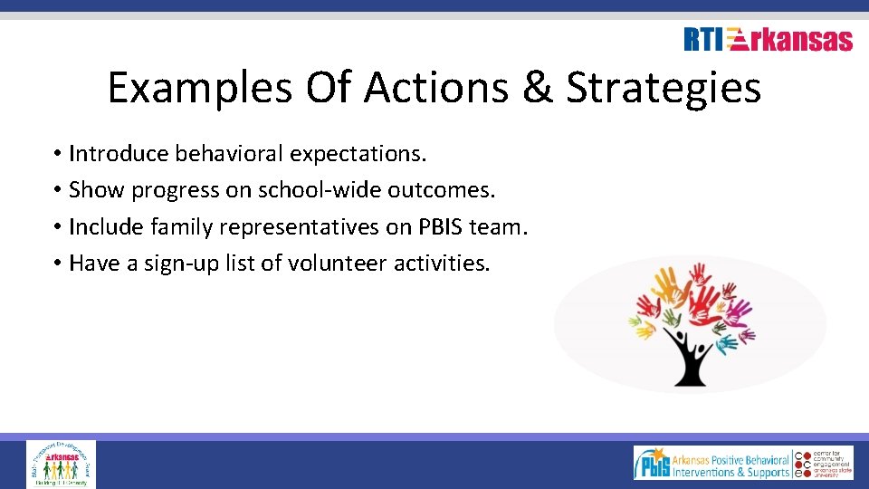 Examples Of Actions & Strategies • Introduce behavioral expectations. • Show progress on school-wide