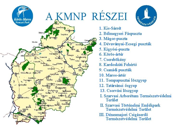 A KMNP RÉSZEI 1. Kis-Sárrét 2. Bélmegyeri Fáspuszta 3. Mágor-puszta 4. Dévaványai-Ecsegi puszták 5.