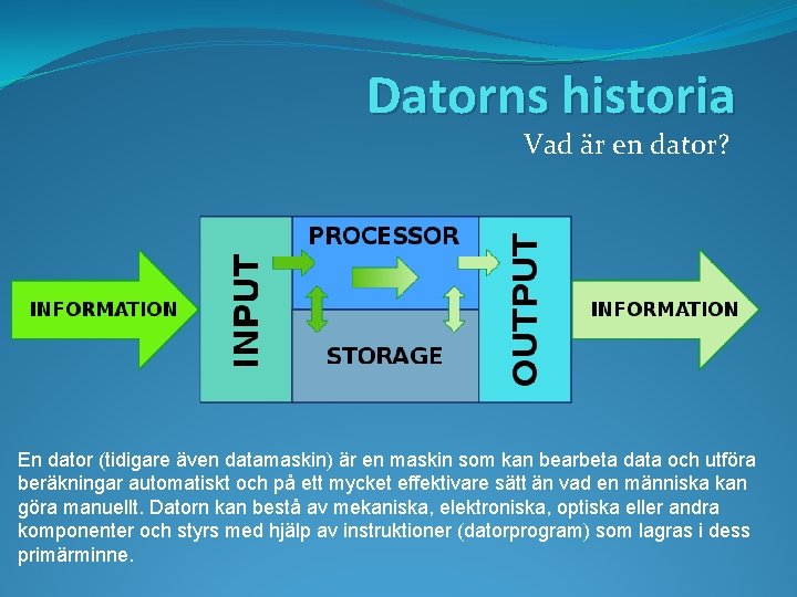 Datorns historia Vad är en dator? En dator (tidigare även datamaskin) är en maskin