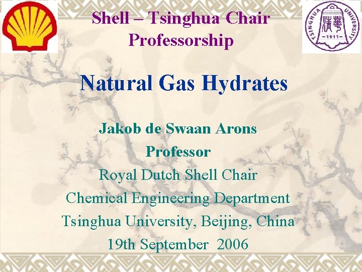 Shell – Tsinghua Chair Professorship Natural Gas Hydrates Jakob de Swaan Arons Professor Royal