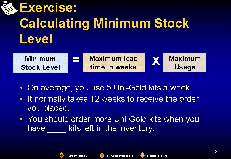Exercise: Calculating Minimum Stock Level = Maximum lead time in weeks X Maximum Usage