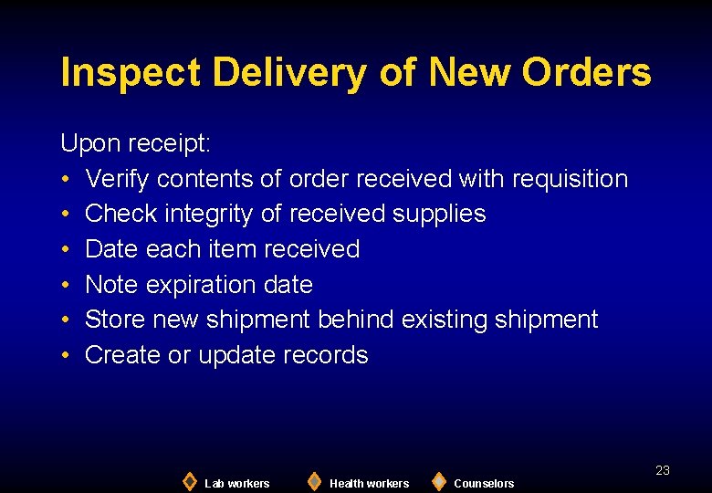 Inspect Delivery of New Orders Upon receipt: • Verify contents of order received with