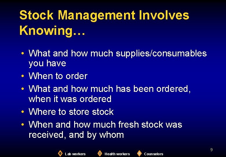 Stock Management Involves Knowing… • What and how much supplies/consumables you have • When