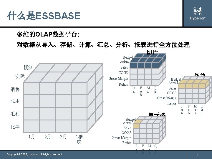 什么是ESSBASE 多维的OLAP数据平台; 对数据从导入、存储、计算、汇总、分析、报表进行全方位处理 切片 Budget Actual 预算 Sales COGS 实际 Gross Margin Ratios 销售