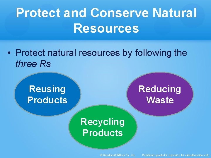 Protect and Conserve Natural Resources • Protect natural resources by following the three Rs