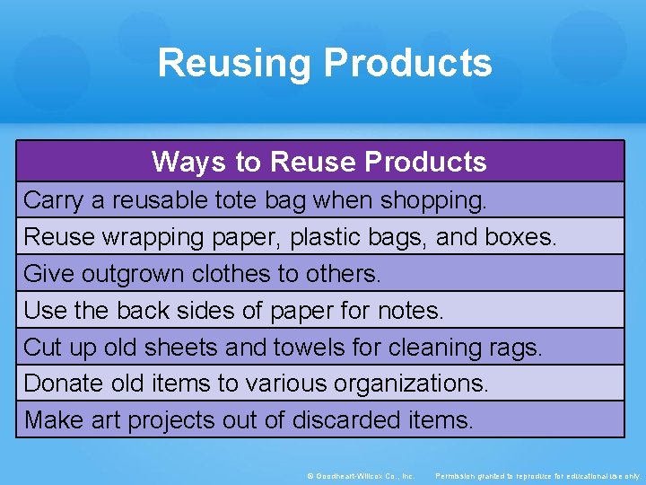 Reusing Products Ways to Reuse Products Carry a reusable tote bag when shopping. Reuse