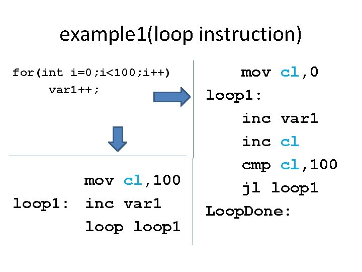 example 1(loop instruction) for(int i=0; i<100; i++) var 1++; mov cl, 100 loop 1: