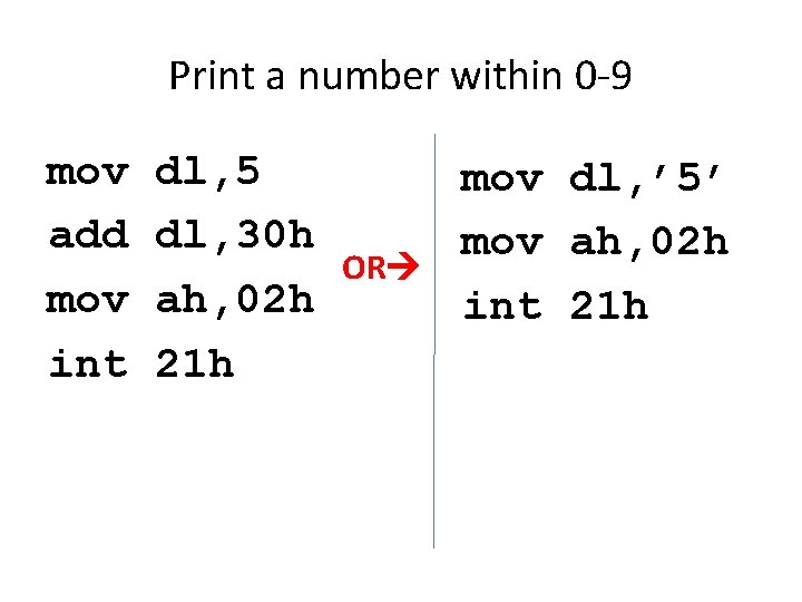 Print a number within 0 -9 mov add mov int dl, 5 dl, 30