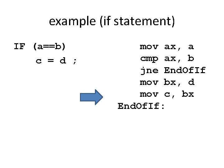 example (if statement) IF (a==b) c = d ; mov ax, a cmp ax,