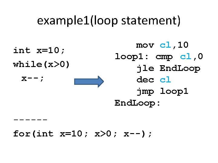 example 1(loop statement) int x=10; while(x>0) x--; mov cl, 10 loop 1: cmp cl,