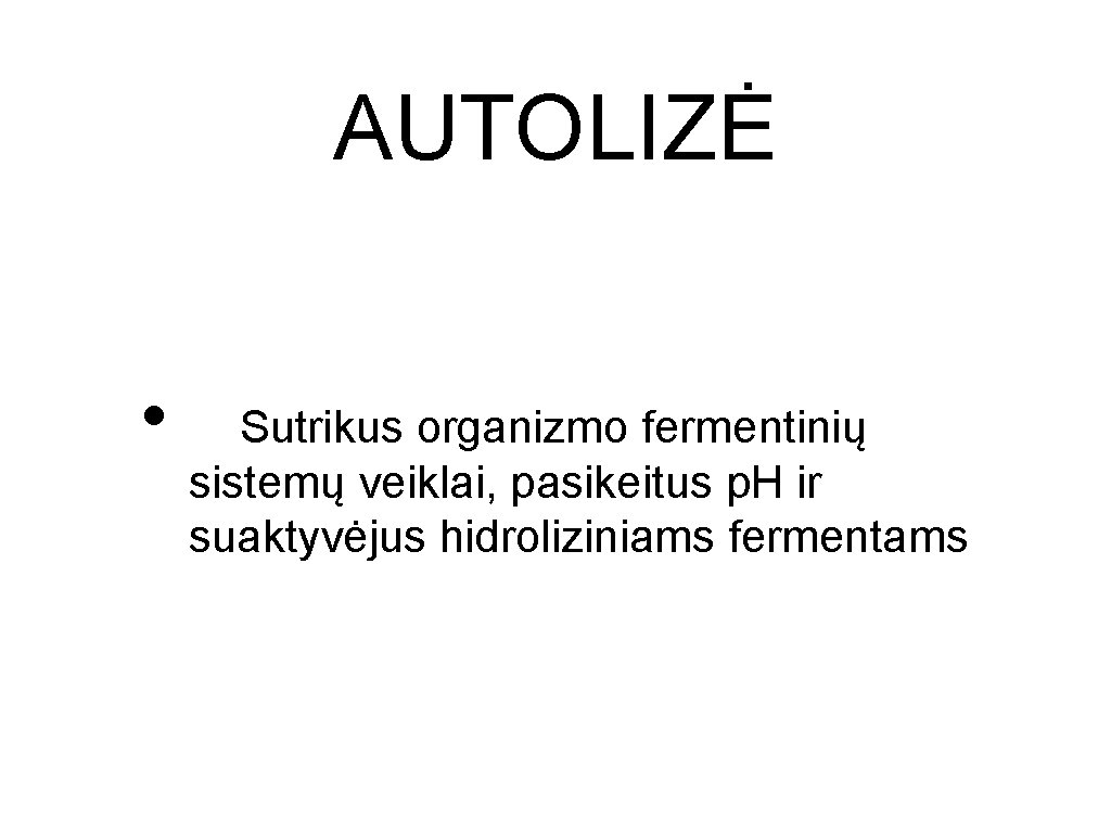 AUTOLIZĖ • Sutrikus organizmo fermentinių sistemų veiklai, pasikeitus p. H ir suaktyvėjus hidroliziniams fermentams