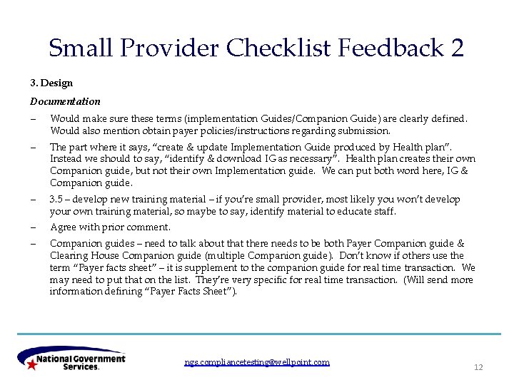 Small Provider Checklist Feedback 2 3. Design Documentation ─ Would make sure these terms