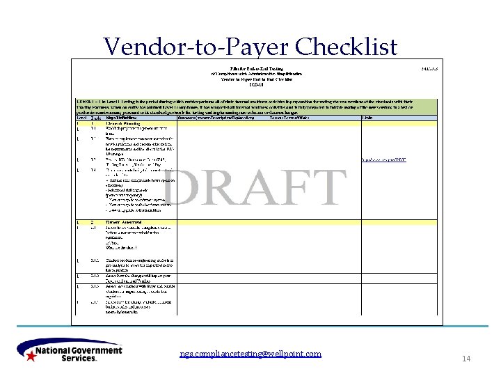 Vendor-to-Payer Checklist ngs. compliancetesting@wellpoint. com 14 