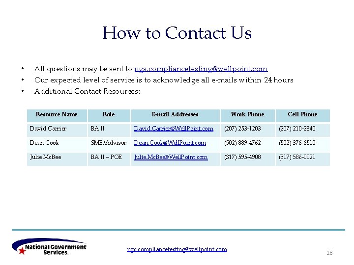 How to Contact Us • • • All questions may be sent to ngs.