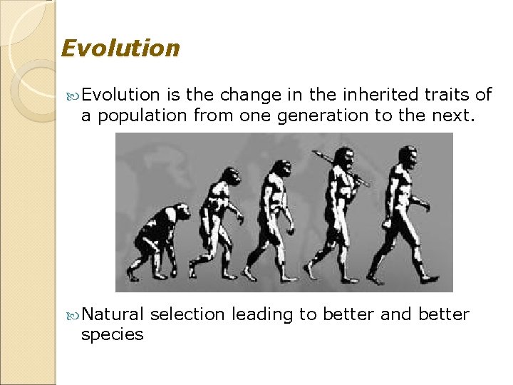 Evolution is the change in the inherited traits of a population from one generation