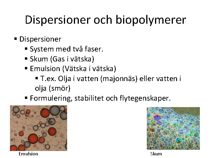 Dispersioner och biopolymerer § Dispersioner § System med två faser. § Skum (Gas i