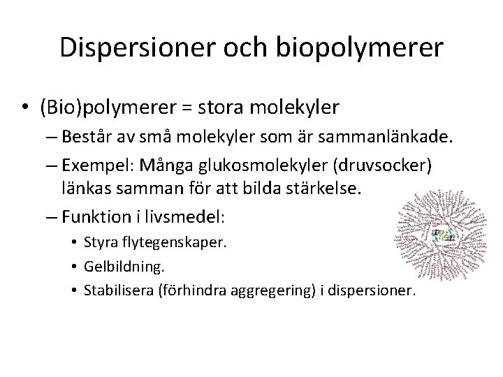 Dispersioner och biopolymerer • (Bio)polymerer = stora molekyler – Består av små molekyler som
