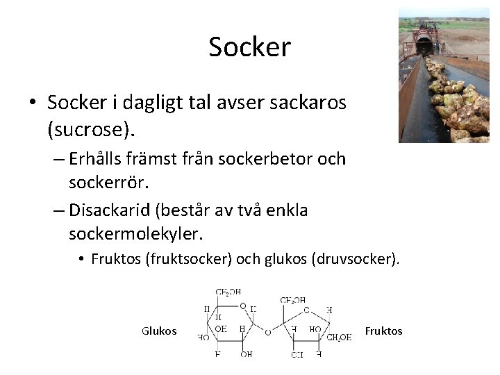 Socker • Socker i dagligt tal avser sackaros (sucrose). – Erhålls främst från sockerbetor