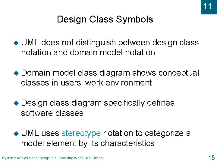 11 Design Class Symbols u UML does not distinguish between design class notation and