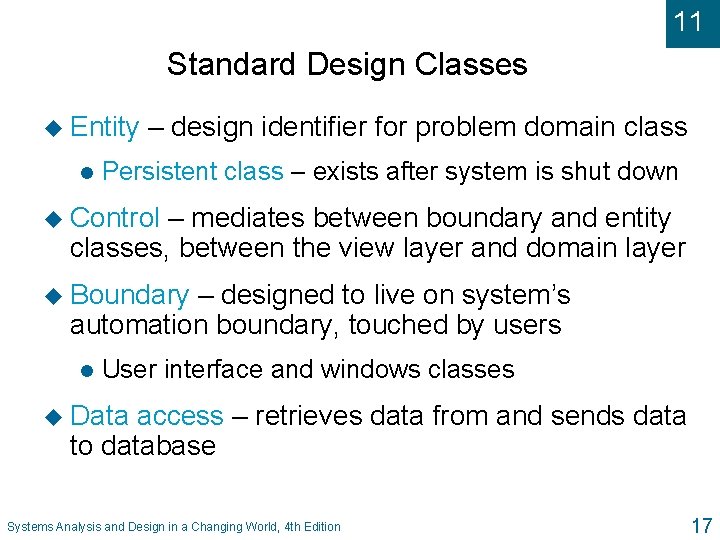 11 Standard Design Classes u Entity l – design identifier for problem domain class