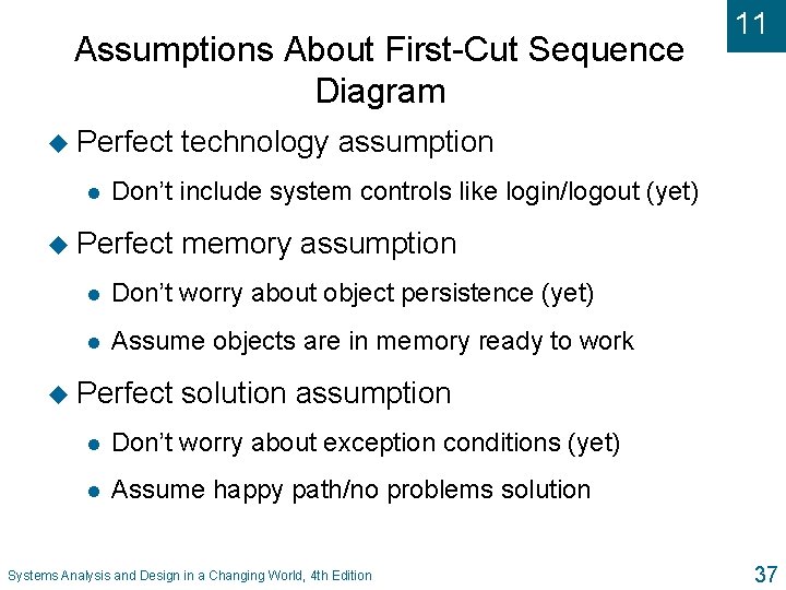 Assumptions About First-Cut Sequence Diagram u Perfect l 11 technology assumption Don’t include system