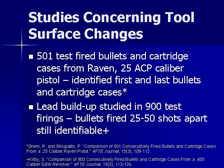 Studies Concerning Tool Surface Changes 501 test fired bullets and cartridge cases from Raven,