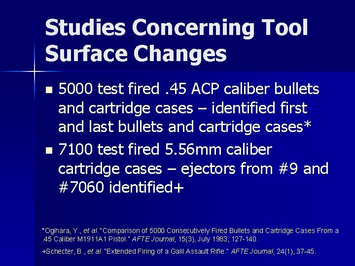 Studies Concerning Tool Surface Changes 5000 test fired. 45 ACP caliber bullets and cartridge