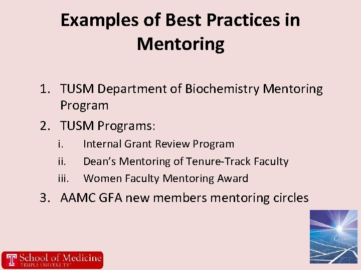 Examples of Best Practices in Mentoring 1. TUSM Department of Biochemistry Mentoring Program 2.