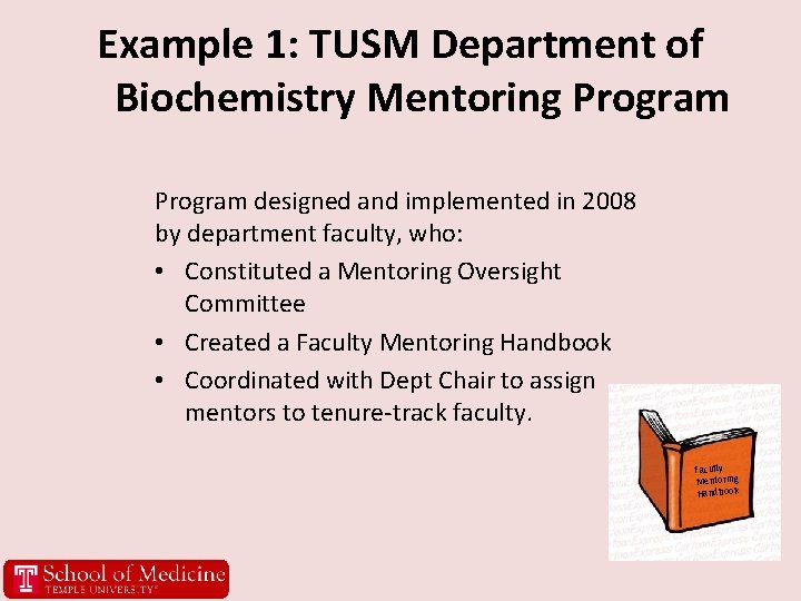 Example 1: TUSM Department of Biochemistry Mentoring Program designed and implemented in 2008 by