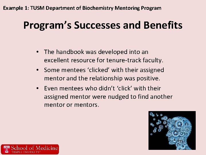 Example 1: TUSM Department of Biochemistry Mentoring Program’s Successes and Benefits • The handbook