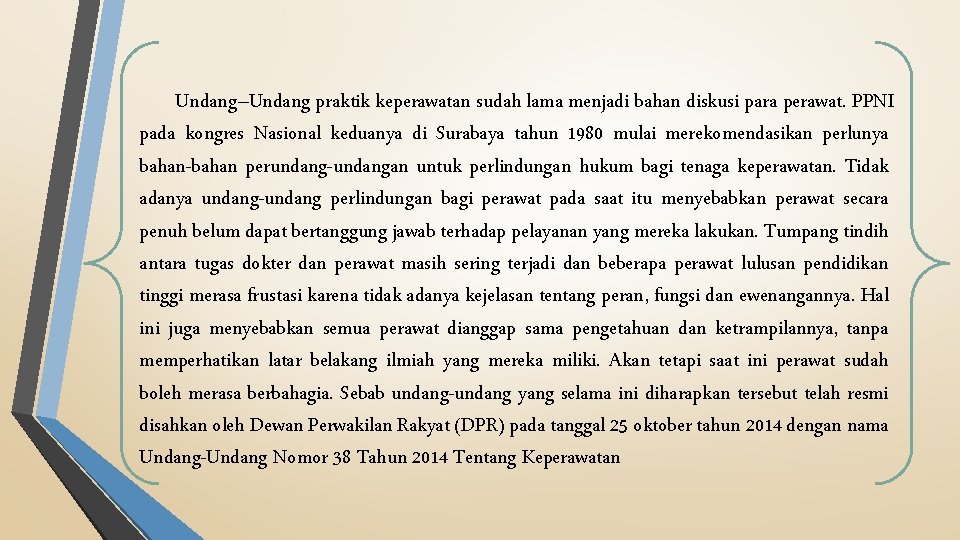 Undang–Undang praktik keperawatan sudah lama menjadi bahan diskusi para perawat. PPNI pada kongres Nasional